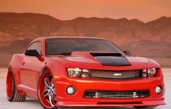 Sunset, The sky, Sand, Mountains, Rocks, Chevrolet, Desert, Camaro