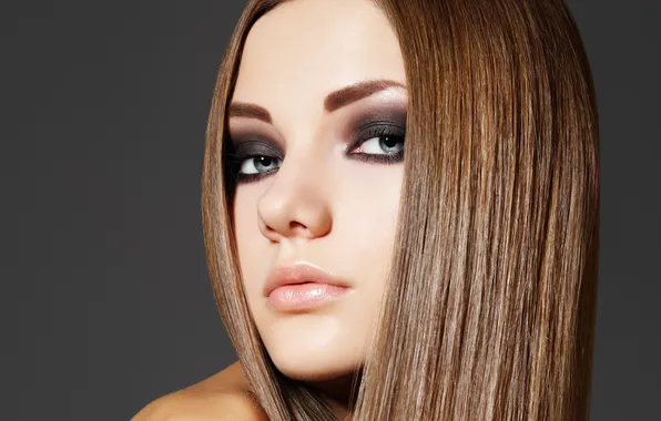 Eyes, girl, grey, background, hair, makeup, lips, eyeliner