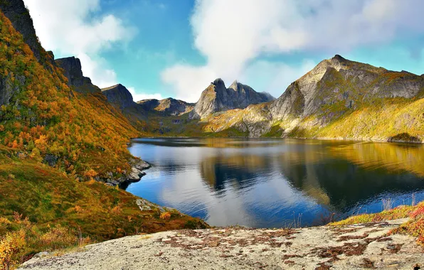 Mountains, nature, lake, Norway, Lofoten, Archipelago