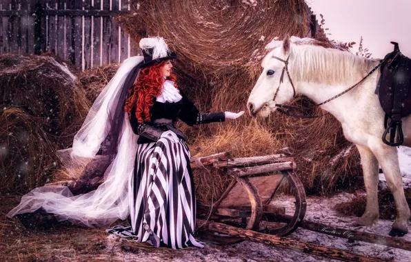 Picture girl, snow, horse, hair, horse, hat, hay, outfit