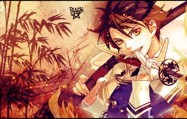 Flame, katana, bamboo, sparks, headband, guy, yellow eyes, sheath
