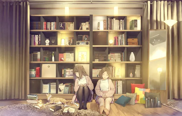 Cat, Room, Girls, Shelves