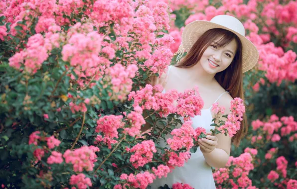 Girl, flowers, smile, spring, hat, pink, Asian, flowering