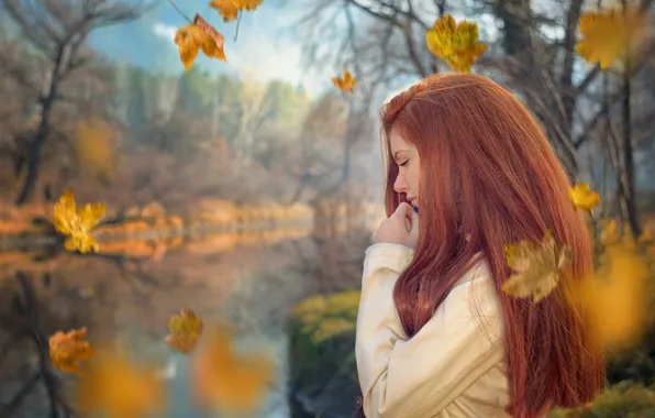 Picture autumn, look, girl, face, pond, portrait, makeup, falling leaves