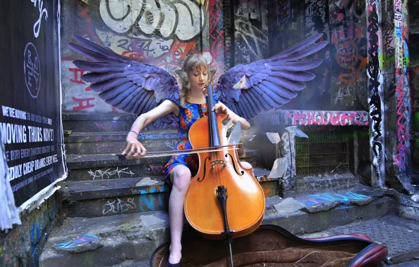 Picture girl, wings, cello