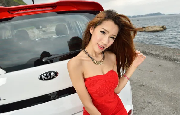 Look, Girls, Asian, beautiful girl, white car, beautiful dress, Kia Soul, posing on the car