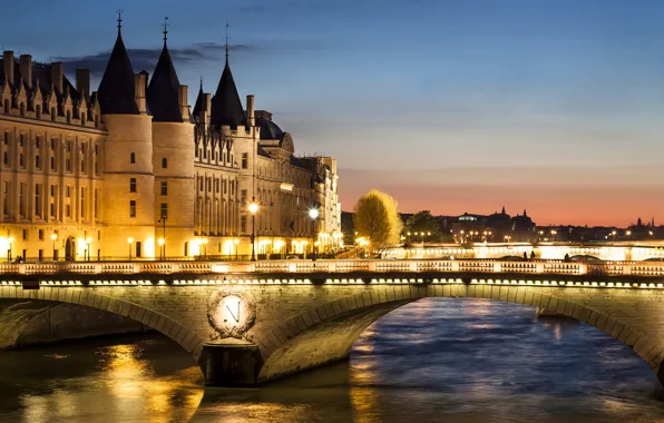 Sunset, bridge, lights, river, France, Paris, home, the evening