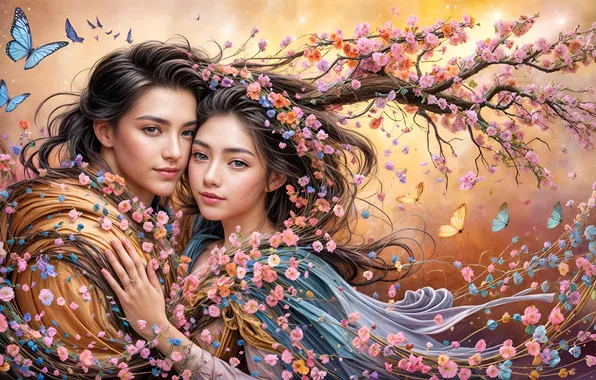 Girl, love, butterfly, flowers, branches, nature, pose, youth