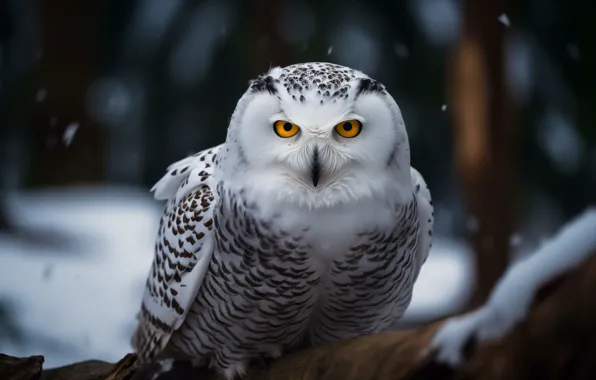 Winter, forest, look, snow, the dark background, tree, owl, bird