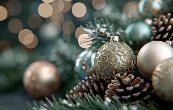 Balls, lights, pattern, green, Christmas, New year, bumps, green background
