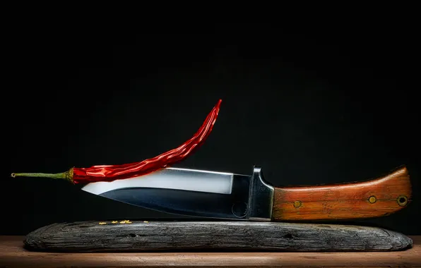 Knife, pepper, still life, composition, hot pepper