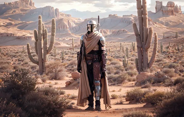 Picture hills, desert, warrior, helmet, cacti, Mandalorian, Mandalore, fantastic art