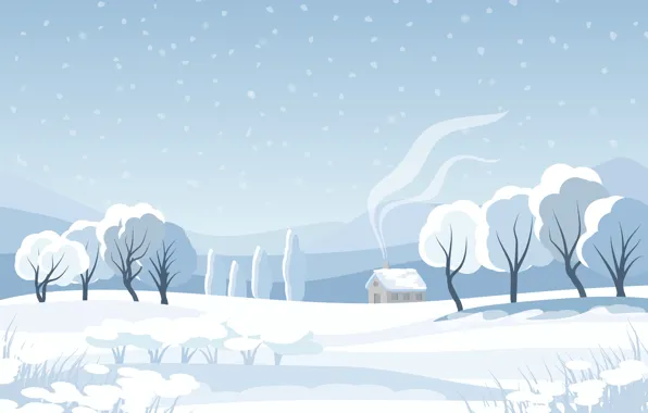 Winter, field, forest, the sky, snow, trees, mountains, house