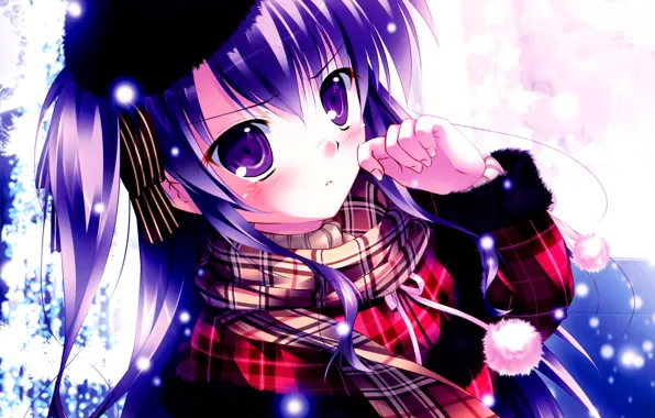 Picture winter, girl, snow, snowflakes, anime, scarf, art, POM-poms
