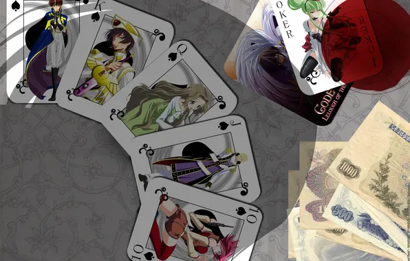 Picture card, Joker, the game, glass, money, anime, lady, code geass