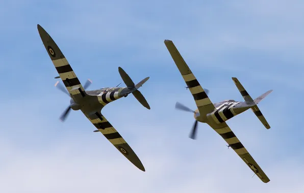 Picture fighters, flight, P-51D Mustang, Supermarine Spitfire