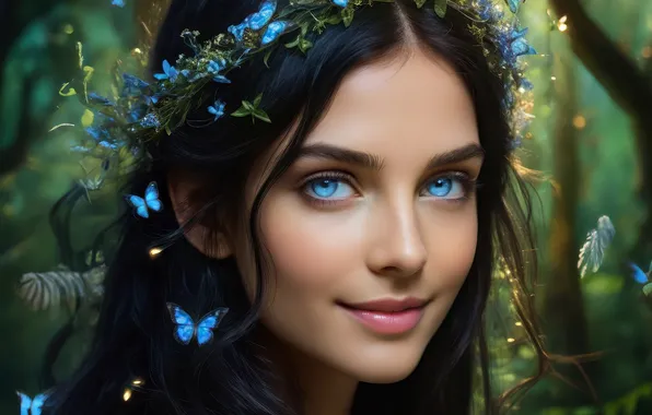 Forest, look, girl, butterfly, pose, portrait, brunette, fairy