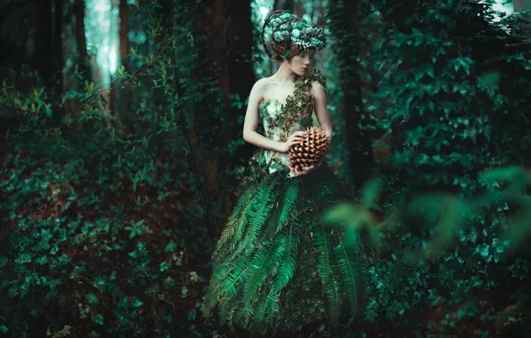 Greens, forest, girl, style, dress, fantasy, image, nymph