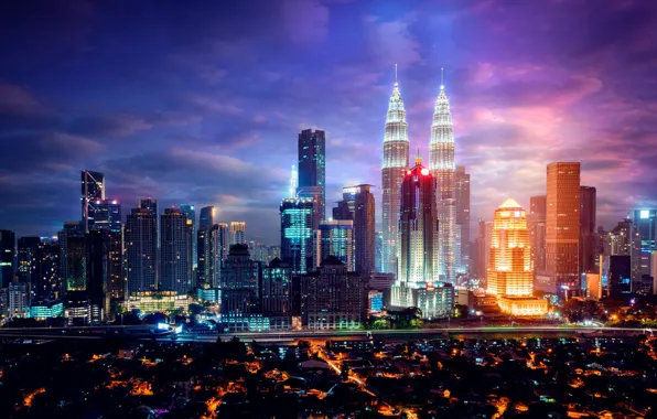 Road, the sky, clouds, night, the city, lights, view, building