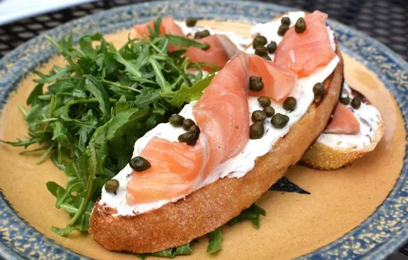 Sandwich, salmon, arugula, capers, bruschetta
