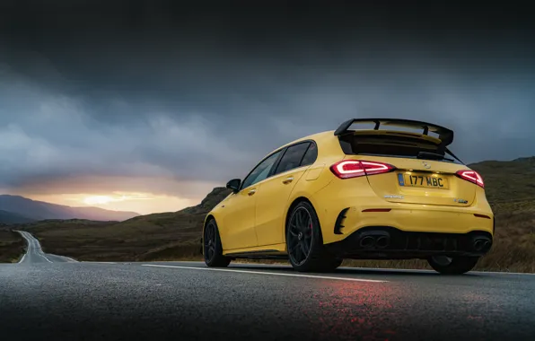 Road, sunset, overcast, lights, Mercedes-Benz, AMG, hatchback, UK-spec