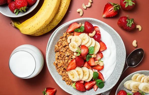 Berries, table, strawberry, bananas, bowl, muesli, sour cream, yogurt