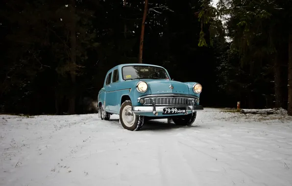 Picture winter, forest, USSR, Moskvich, retro car, Moskvich 407, Black plates