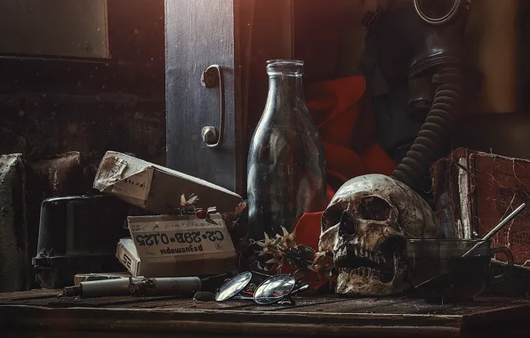 Skull, bottle, gas mask, unusual still life