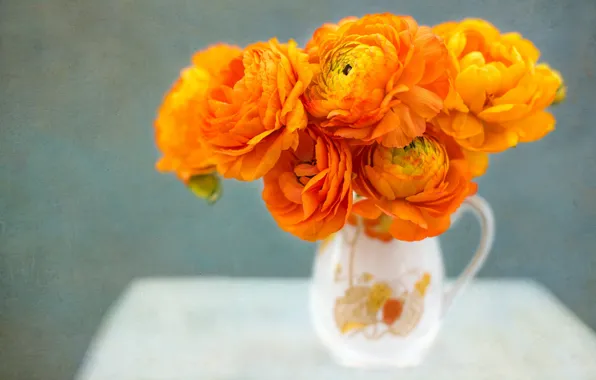 Picture bouquet, texture, pitcher, orange, Ranunculus