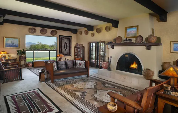Interior, oven, living room, spanish colonial style, Nizhoni ranch, Southwestern native american design, Nizhoni Ranch, …