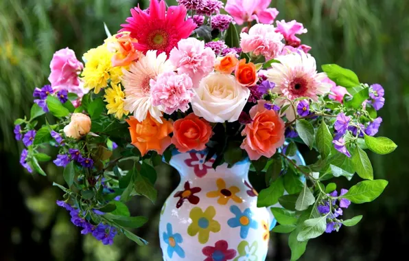 Flowers, roses, bouquet, vase, gerbera, chrysanthemum, different, clove