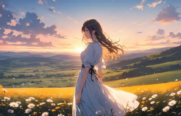 Field, the sun, landscape, sunset, flowers, woman, anime, field