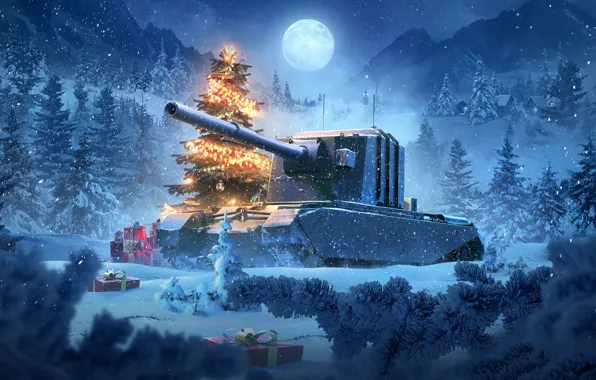 Night, holiday, the moon, Christmas, tank, New year, tanks, World of tanks