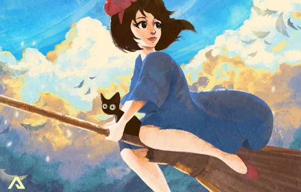 Wallpaper  Kiki kikis delivery service Kikis Delivery Service red  ribbon cape robes short hair brunette bag hand bags witchs broom  town seagulls sea ocean view clouds witch Studio Ghibli movies  tower