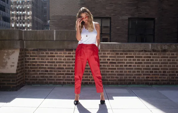 Roof, girl, the sun, pose, glasses, pants, Ashley Benson