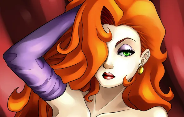 Picture girl, cartoon, gloves, red, green eyes, Jessica Rabbit