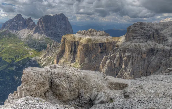 The sky, mountains, clouds, rocks