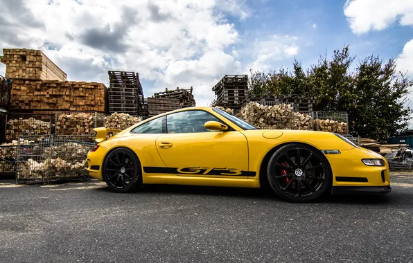 911, 997, Porsche, sky, yellow, wood, GT3, tree