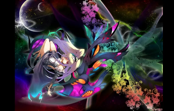 Space, lights, planet, girl, black background, sorceress, weightlessness, floral pattern