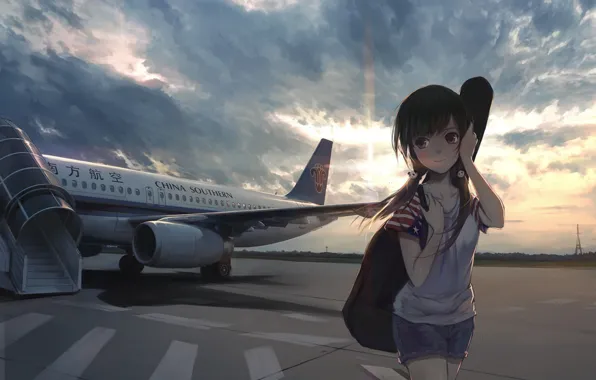 Picture girl, sky, anime, airplane, flag, japanese, China Souther