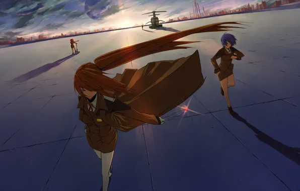 Picture the sky, the city, the wind, building, Girls, amulet, cloak
