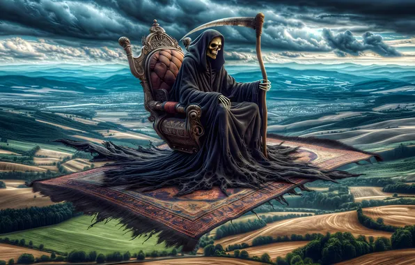 Death, chair, fantasy, skeleton, braid, the throne, the carpet plane