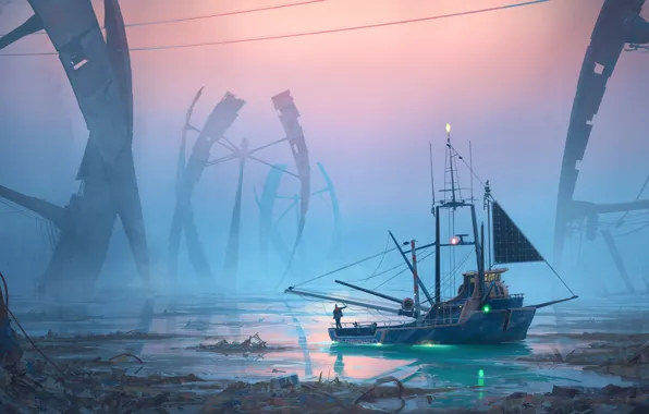 Picture Water, Future, Ship, Coast, Digital Art, Future, Digital art, The Last Fisherman