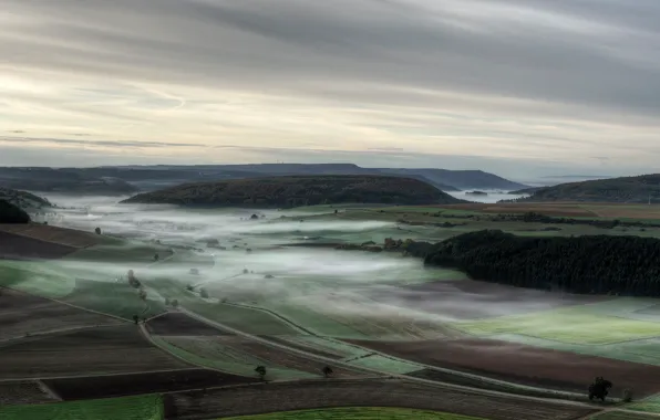 Autumn, fog, field, HDR, treatment, morning, Germany, haze