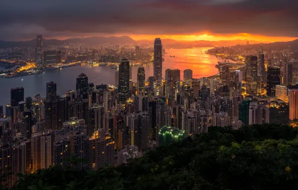 Clouds, sunset, the city, lights, reflection, river, view, building