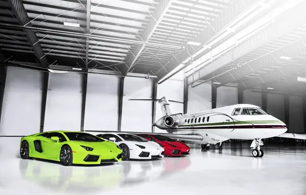 Lamborghini, The plane, Red, Hangar, Green, White, LP700-4, Aventador