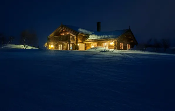 Winter, snow, trees, night, lights, house, Norway, lights