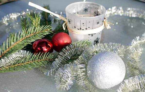 Picture winter, balls, branches, red, glass, holiday, new year, Christmas