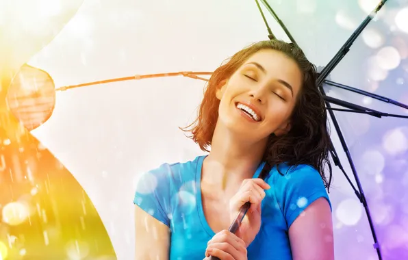 The sun, drops, glare, rain, umbrella, makeup, t-shirt, hairstyle