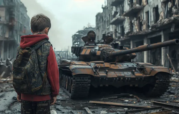 Home, Boy, Child, Tank, Digital art, Devastation, AI art, The Art of Artificial Intelligence
